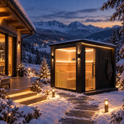 SAUNA FIŃSKA SUCHA WYSOKOTEMPERATUROWA ZEWNĘTRZNA OGRODOWA 230x213 CM 6-8 OSOBOWA Z PIECEM HARVIA 8kW WIFI BLUETOOTH PARYS