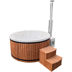 Spa ogrodowe Balia Bora 200cm 6 osobowa 37 dysz Niecka akrylowa biała perła + Piec zewnętrzny na drewno